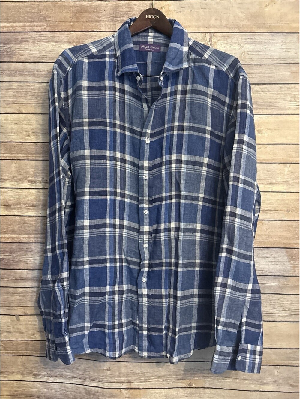 Ralph Lauren Purple Label Shirt Sz XXL Medium Blue Plaid Linen Long Sleeve Italy